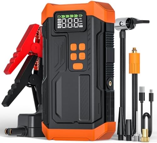 [2026NEW Model] 5000A Jump Starter with Air Compressor,Car Jumper Starter Portable with 150PSI Tire Inflator 12V Jump Box with LCD Display,Flashlight,Storage Case (Up 9L Gas/8L Diesel Engine