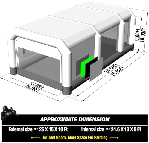 GORILLASPRO Portable Inflatable Paint Booth 26x15x10Ft, Inflatable Spray Booth with 2 Blowers (950W+950W)