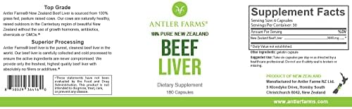 Antler Farms New Zealand Beef Liver Capsules - Grass Fed, 180 Capsules | 100% Pure Desiccated Grass Fed Beef Liver Supplement, Cold Processed