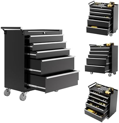 Rolling Tool Chest with Wheels, 5 Drawer Tool Storage Cabinet, Portable Toolbox Organizer with Lock, Heavy Duty Tool Chest Cart for Garage, Mechanic, Workshop, Shop, Mobile Tool Organizer, Black