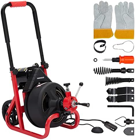 PIONEERWORKS 75Ft x 1/2 Inch Drain Cleaner Machine, Auto-feed Electric Drain Auger Professional for 2 to 4 Inch Pipes, with 6 Cutters, Glove