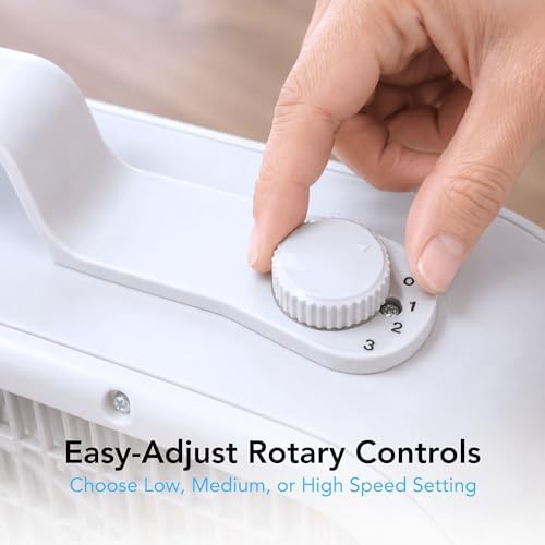 Comfort Zone Box Fan with Carry Handle, 20 inch, 3 Speed Full-Force Air Circulation Window Fan, Bedroom Floor Fan with 5 Blades, White Noise Cooling Fan, White