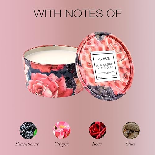 Voluspa BlackBerry Rose Oud, 2 Wick Tin Candle, 8 oz, 25 Hour Burn Time, Coconut Wax for Clean Burning, Handcrafted in The USA