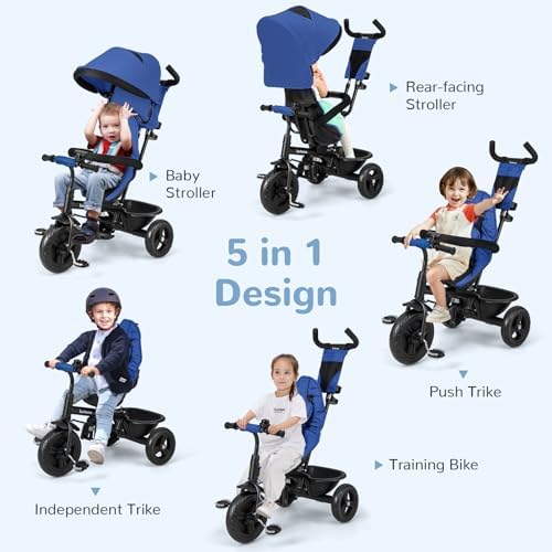 INFANS Kids Tricycle, 6 in 1 Stroll Trike with Adjustable Push Handle, Removable Canopy, Retractable Foot Plate, Lockable Pedal, Detachable Guardrail, Suitable for 10 Months to 5 Years (Blue)