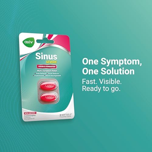AXIV Sinus Severe + Mucus Relief, Non-Drowsy, Loosens Mucus, Maximum Strength Relief of Pain, Pressure, Congestion, & Headache Ease, 24 Softgels.