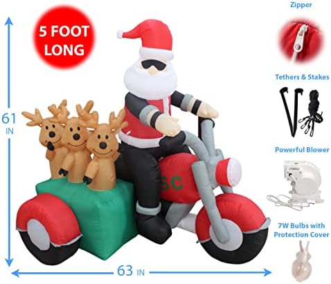 6 Foot Long Inflatable Santa Claus and 3 Reindeers in a Motorcycle | Outdoor Yard Blow-Up Holiday Decoration, Built-in Lights, Self-Inflating
