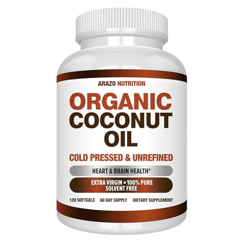 Arazo Nutrition Organic Coconut Oil 2000 MG Per Serving - 100% Extra Virgin Unrefined Cold Pressed for Weight Support, Skin, Hair, Nails - 120 Softgel Capsules