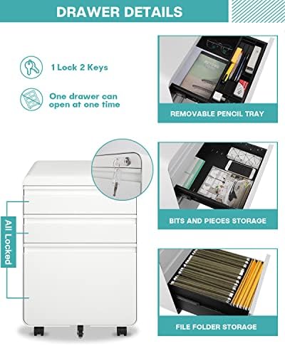 Dripex 3 Drawer Metal Rolling File Cabinet Under Desk Filing Cabinet White | 16"W x 18"D x 24"H, Lockable, 5 Wheels, Fully Assembled
