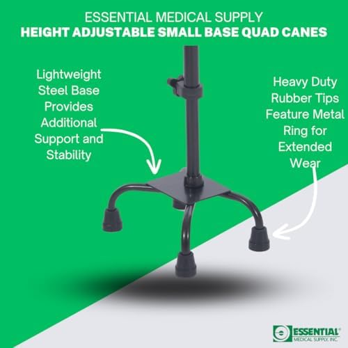Essential Medical Supply Small Base Quad Cane in Black - Height Adjustable Walking Cane, Sturdy and Durable Walking Cane for Improved Mobility and Stability with 4 Prong Base and Rubber Tips