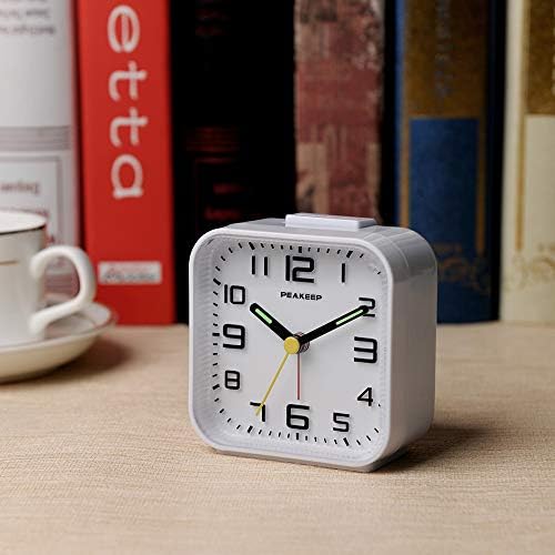 Peakeep Small Battery Operated Analog Travel Alarm Clock Silent | No Ticking, Lighted on Demand and Snooze, Beep Sounds, Gentle Wake, Ascending Alarm, Easy Set (Black)