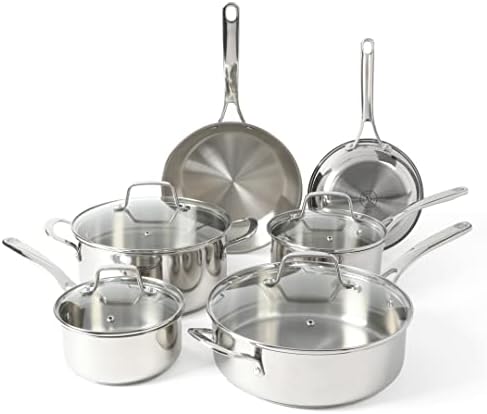 Martha Stewart Castelle 10 Piece 18/8 Durable Stainless Steel Induction Safe Pots and Pans Non-Toxic Kitchen Cookware Set - Gold Handles - Dishwasher Safe