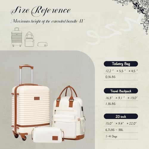 Coolife Luggage Set Carry On Suitcase, 3 piece, White(BP/TB/20) | 360° Spinner Wheels, Multi-Functional Pockets with USB, Smart Trolley Sleeve