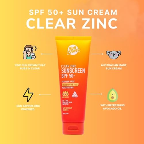 Sun Zapper Clear Zinc Sunscreen SPF 50+ Travel Size – Zinc Oxide Sunscreen for Face and Body, Water Resistant Broad Spectrum Sunblock, No White Cast, Oxybenzone Free, 60mL (2 oz), Australian Made