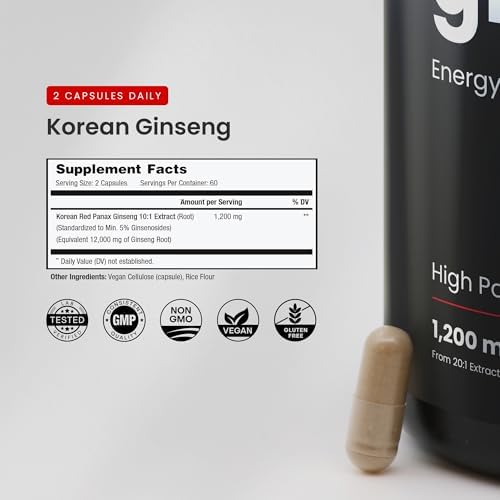 NutraChamps Korean Red Panax Ginseng Capsules | Extra Strength Ginsenosides for Energy, Focus, Performance, Vitality & Immune Support | Korean Ginseng Root Extract for Men (120)