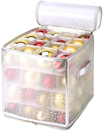 Simplify 64-Count Ornament Organizer | Christmas | Carry Handle | Zipper | Dividers | Transparent | Holiday | Storage | Lid | Silver |