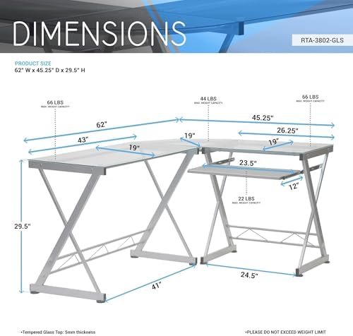 Scranton & Co Modern L-Shape Computer Desk, Glass and Steel, Clear Finish, 29.5" H x 61.75" W x 45.25" D, Reversible Design, Pull-Out Keyboard Tray
