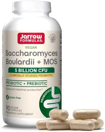 Jarrow Formulas Saccharomyces Boulardii + MOS Probiotics for Digestive Health and Intestinal Tract Support - 5 Billion CFU Per Serving - 90 Delayed Release Caps - Probiotic + Prebiotic - 90 Servings | Intestinal Tract Support, 5 Billion CFU Per Serving,…
