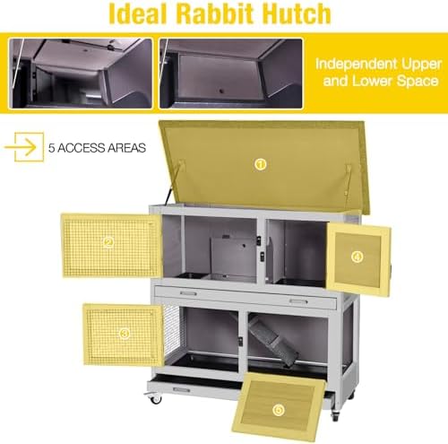 Aivituvin Rabbit Hutch, Indoor Bunny Cage with Run Outdoor Rabbit House with Two Deeper No Leak Trays - 4 Casters Include (Grey)
