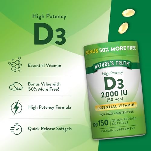 Nature's Truth Vitamin D3 2000 IU Softgels for Adults | 150 Count | High Potency | Non-GMO and Gluten Free Supplement | High Potency | Non-GMO and