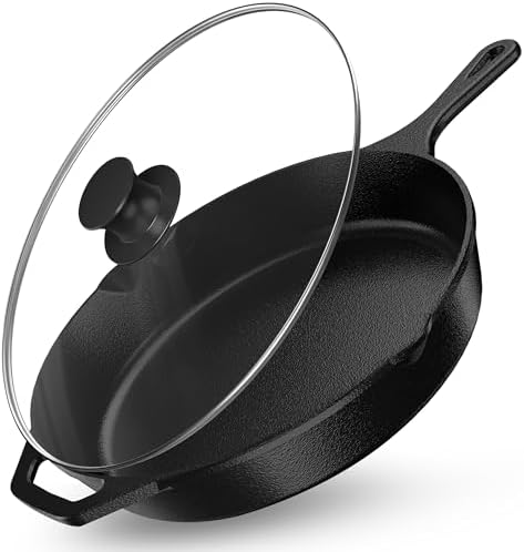 Utopia Kitchen Cast Iron Skillet 12 Inch with Lid Chefs Frying Pan Black | Chefs Pan, Pre Seasoned Skiller, Indoor and Outdoor Use, Grill Safe Cookware, Even Heat Distribution, Durable