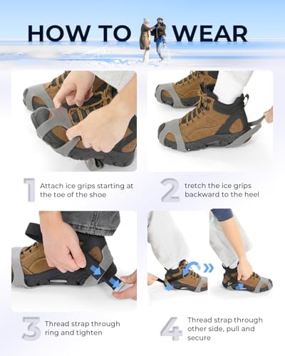 Sportneer Crampons： Ice Cleats for Shoes and Boots with 28 Spikes - Traction Slip-on Stretch Footwear for Walking and Shoveling on Ice and Snow - Lightweight for Women and Men