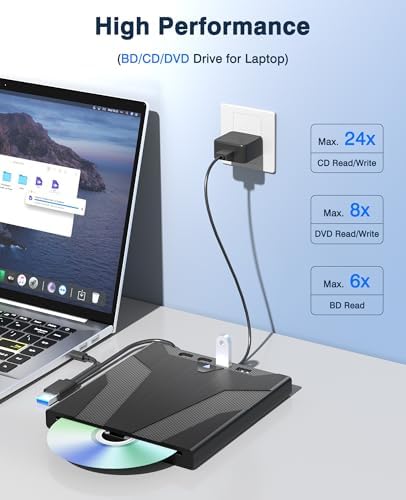 8-in-1 External Blu-ray Drive, BD Reader DVD CD Burner for Mac PC | Black 5Gbps USB3.0 Type-C, SD TF Reader, 8-in-1 BD Optical Drive