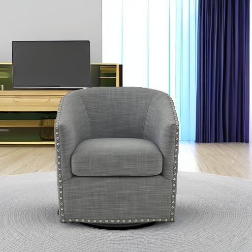 Madison Park Swivel Barrel Accent Chair, Upholstered Curved Back with 7-Inch Thick Woven Cushion, 360° Swivel, Nailhead Trim, Comfy Chair for Living Room, Bedroom, Office, 28" Wide, Neutral, Tyler
