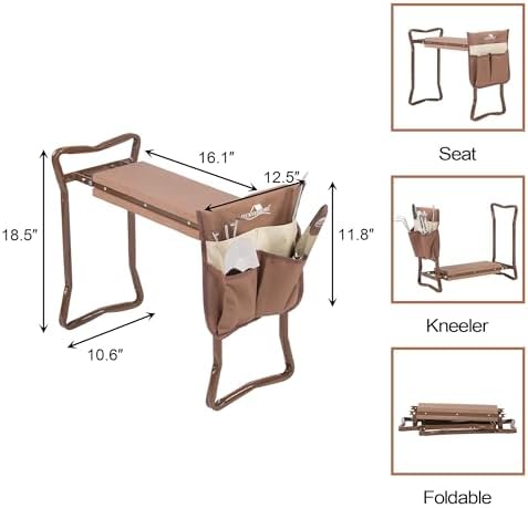 LUCKYERMORE Garden Kneeler and Seat Folding Kneeling Bench Stool with Tool Pouches Soft EVA Foam for Gardening,Asiento Garden Kneeler,Brown