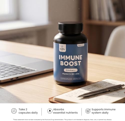Immune Support Capsules for Adults with Elderberry, Vitamin C, Vitamin D3 & Zinc – Daily Immune Defense Supplement | Zealthy Life | 60 Capsules