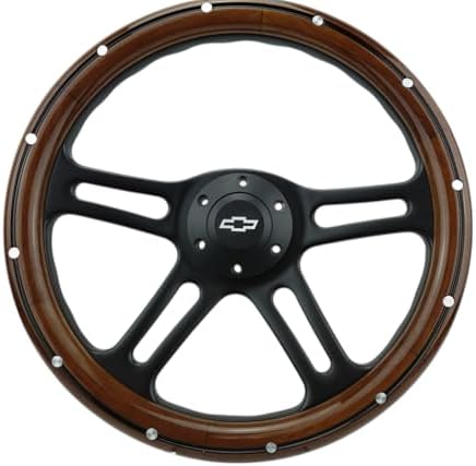 14" Billet Black Aluminum Steering Wheel w/Real Mahogany Wood Rivet Half wrap & Chevy Engraved Horn