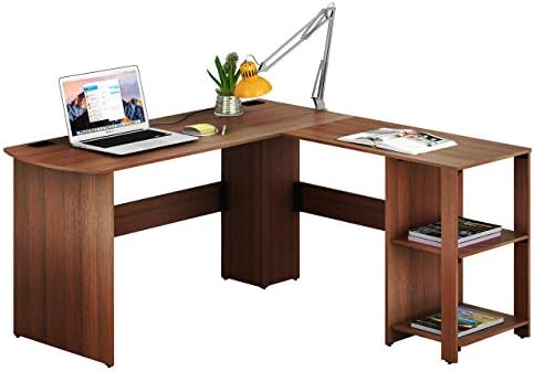 SHW 51 x 51 L-Shaped Home Office Wood Corner Desk with Storage, Espresso | Integrated Book Shelves