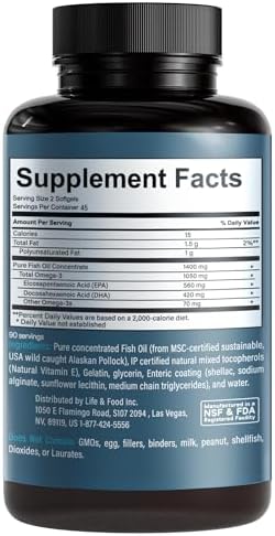 Omega-3 Supreme 1400 mg Wild Alaskan Fish Oil | Enteric Coated, Burpless | MSC Certified High EPA DHA, Improved Absorption & Heavy Metal Tested (3 Mo Supply,180 Softgels)