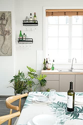 Mkono Wall Mounted Wine Rack Set of 2 Wood Rustic Wine Bottle Glass Floating Shelves with Stemware Hanger Modern Plants Photos Wine Display Storage