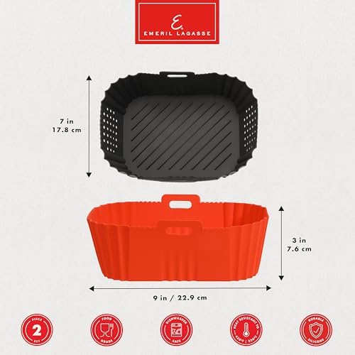 Reusable Silicone Air Fryer Liners for Emeril Lagasse Air Fryer Oven – Non-Stick Reusable Air Fryer Basket Liners – Dishwasher Safe – 9 x 7 x 3 Inch – 2 Pack – Black
