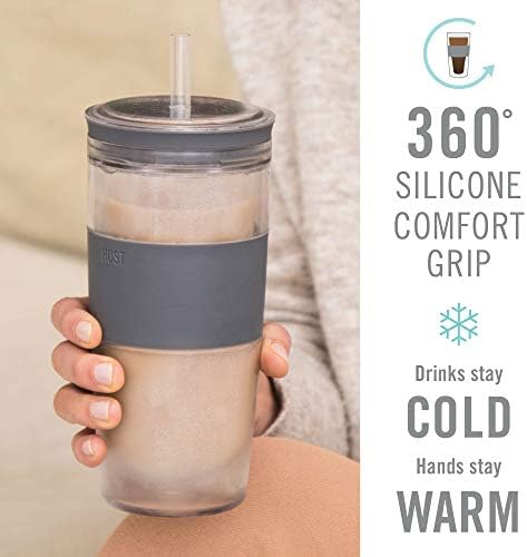 HOST Double Wall Insulated Freezable Drink Chilling Tumbler with Freezing Gel Glasses for Red and White Wine, Straw and Lid, Plastic, 16 oz, Grey