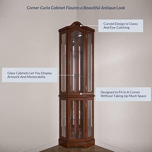 BELLEZE Lighted Corner Display Curved Top Curio Cabinet Wooden Shelving Unit with Tempered Glass Door