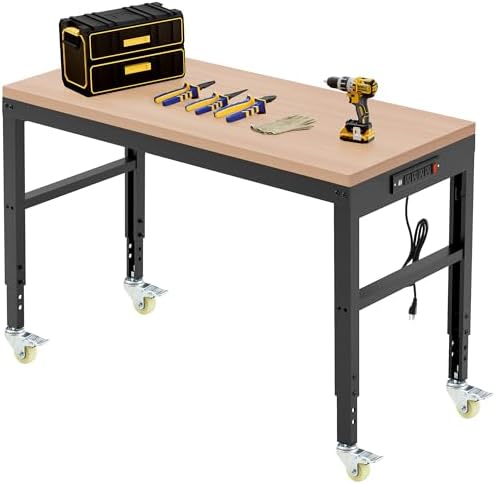 Antifir 60" Adjustable Workbench, Heavy Duty Wood Workstation | Garage Workbench, 2000 LBS Load Capacity, Work Table with Power Outlet and Foot Pads for Commercial, Workshop, Office, Home