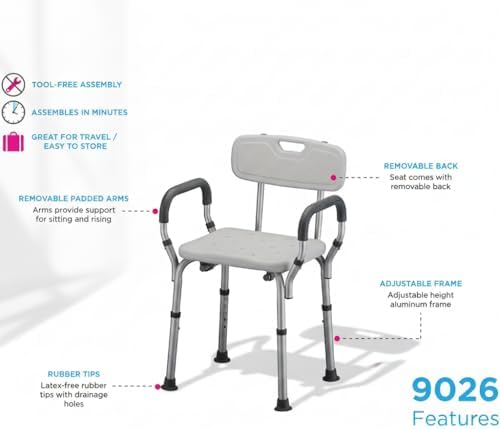 NOVA Bath Seat with Padded Removable Arms & Back, Shower Chair for Seniors, 300 lb Capacity, Adjustable Height 16"–21", Tool-Free Assembly
