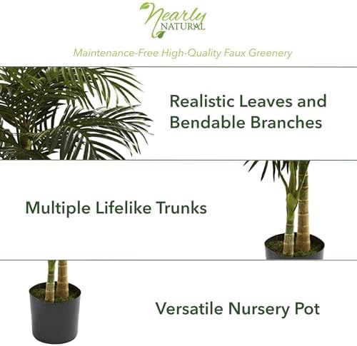 Nearly Natural 6.5 ft Artificial Golden Cane Palm Tree with Nursery Pot | Lifelike Silk Indoor Palm, Three Textured Trunks, Flexible Fronds, Low-Maintenance