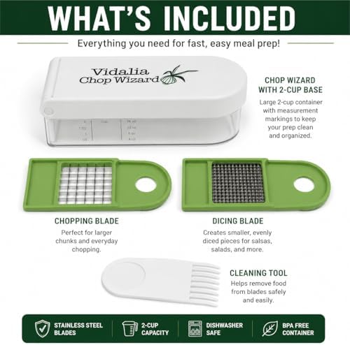 Vidalia Chop Wizard Vegetable Chopper – Original As Seen On TV Food Dicer with 2 Stainless Steel Blades, Large 2-Cup Container, Cleaning Tool