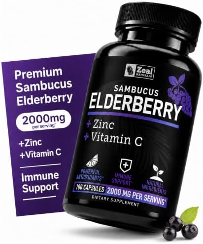 Zeal Naturals Max Strength Elderberry Capsules - 2000mg, 100 Capsules | Sambucus Black Elderberry, Vitamin C