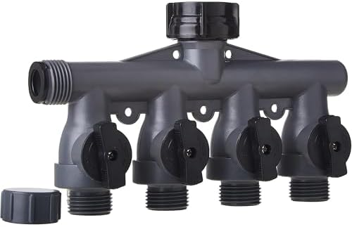 Gilmour Heavy Duty 4 Way Garden Hose Splitter, Quad Water Hose Splitter with Shut Off Valve, Polymer Water Manifold | Quad Water Manifold, Full Flow