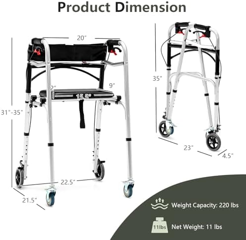 Goplus Walkers for Seniors, 4-in-1 Folding Walker with 5’’ Wheels, Detachable Seat, Height Adjustable Stand Up Walker