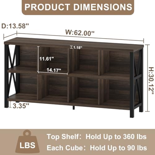 FATORRI 8 Cube Storage Organizer Bookshelf, 62 Inch Wood Horizontal Bookcase, Farmhouse Cube Long Book Shelf
