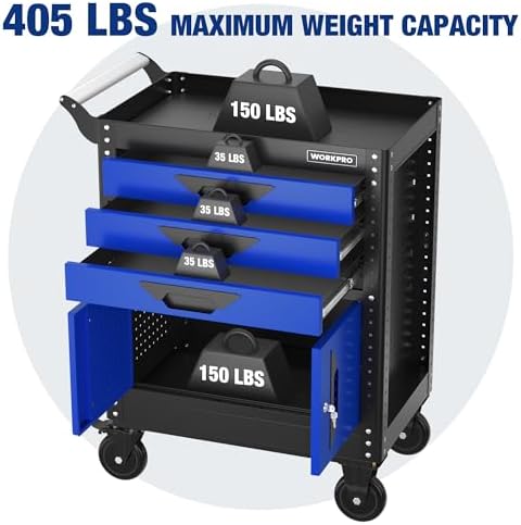 WORKPRO 27.5-Inch Rolling Tool Cabinet, 405 LBS Capacity | Steel Tool Storage Cabinet with PVC Drawer Liners