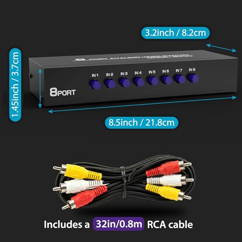 Fosmon 4-Way RCA Splitter AV Switcher 4 in 1 Out Audio Video Selector Box | 4 in 1 out female 4-way RCA composite AV switcher selector switch box with cable for HDTV STB DVD retro game consoles.