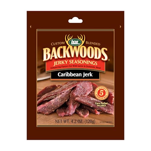 LEM Products Backwoods Caribbean Jerk Jerky Seasoning, 4.2 oz Packet | Pre-Measured Seasoning and Cure for Wild Game and Domestic Meat, Seasons Up to 5 Pounds of Meat for Homemade Jerky