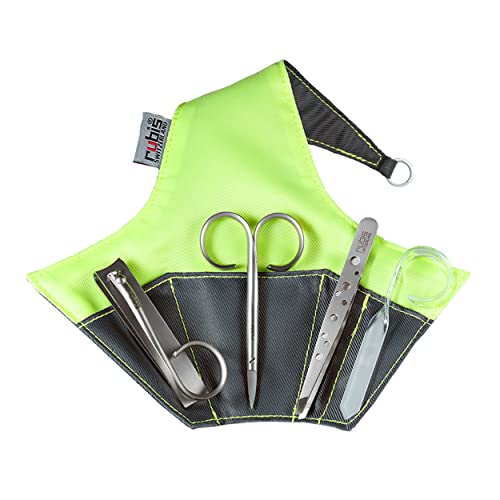 Rubis 4-Piece Manicure Set for Men and Women with Grey/Yellow Leather Case, Includes Tweezers, Nail Clipper, Nail Scissors, and Glass Nail File
