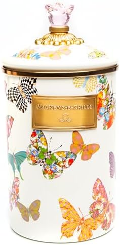 MACKENZIE-CHILDS Enamel Canister, Large, White Butterfly Garden | Hand-applied design, made from enameled steel, versatile kitchen storage container for flour and sugar, 64-ounce capacity