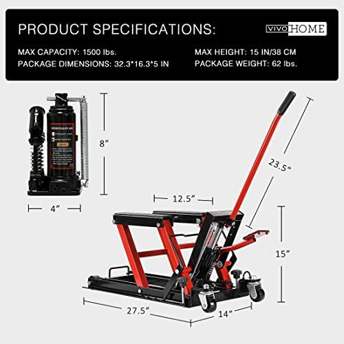 VIVOHOME 1500 LBS Hydraulic Motorcycle Lift Jack | Heavy-Duty Steel ATV Lift Stand with Wheels & Handle, for Motorcycles, Dirt Bikes, ATVs (Red)